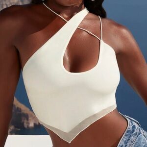 Oh Polly White Asymmetrical Halter Crop Top Cutout Y2K Style